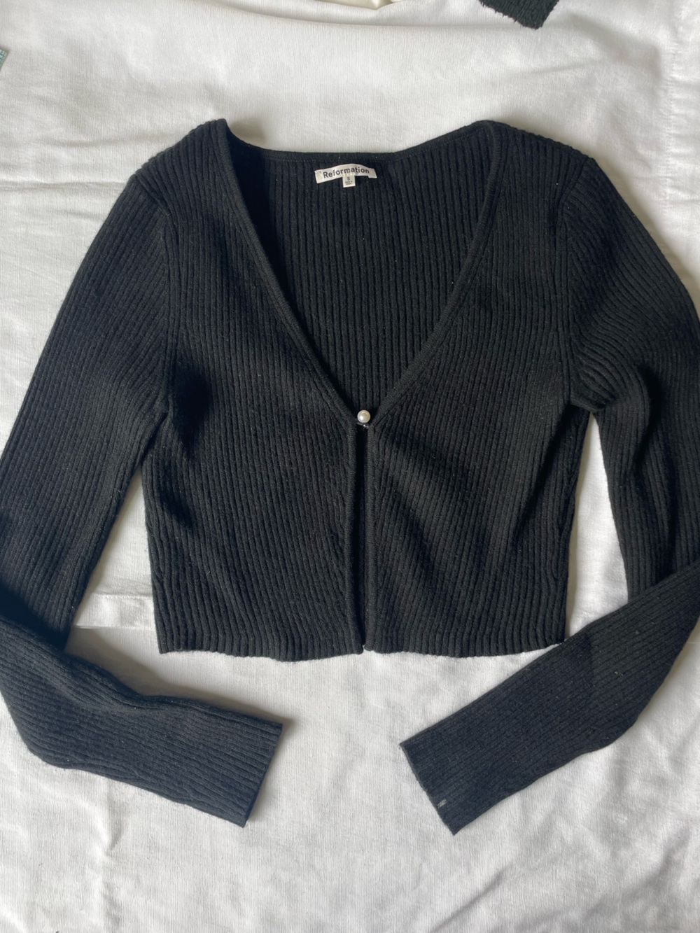 Reformation Black Cashmere Cropped Cardigan with Pearl Button